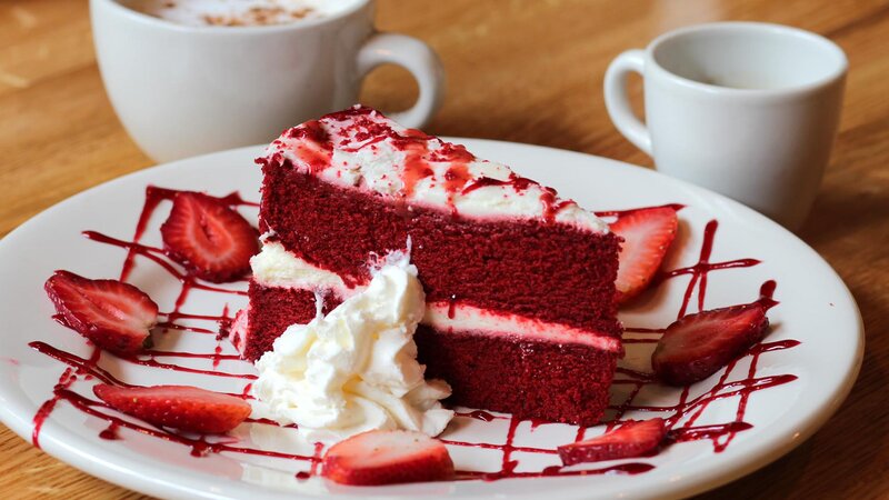Red velvet cake and a cup of espresso